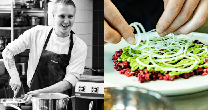 Kollage av två bilder. Den vänstra ett svartvitt porträtt på en glad Melvin när han står och arbetar i köket. Den högra en närbild på när råbiffen dekoreras.