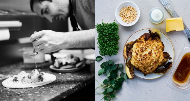 Ett kollage av bilder. Den första en närbild i svartvitt där Jonas ringlar brynt smör över pizza. Den andra på preppen till pizzan med blomkål - med ett rostat blomkålshuvud i fokus.