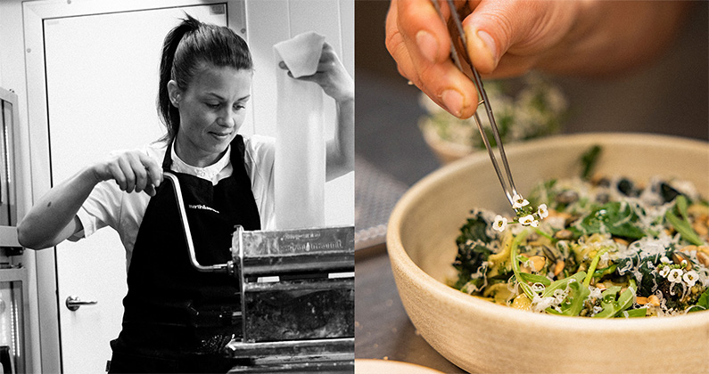 Kollage av två bilder, till vänster vevar Ida färsk pasta, till höger dekorerar hon tagliatelle med dekorativa blommor.